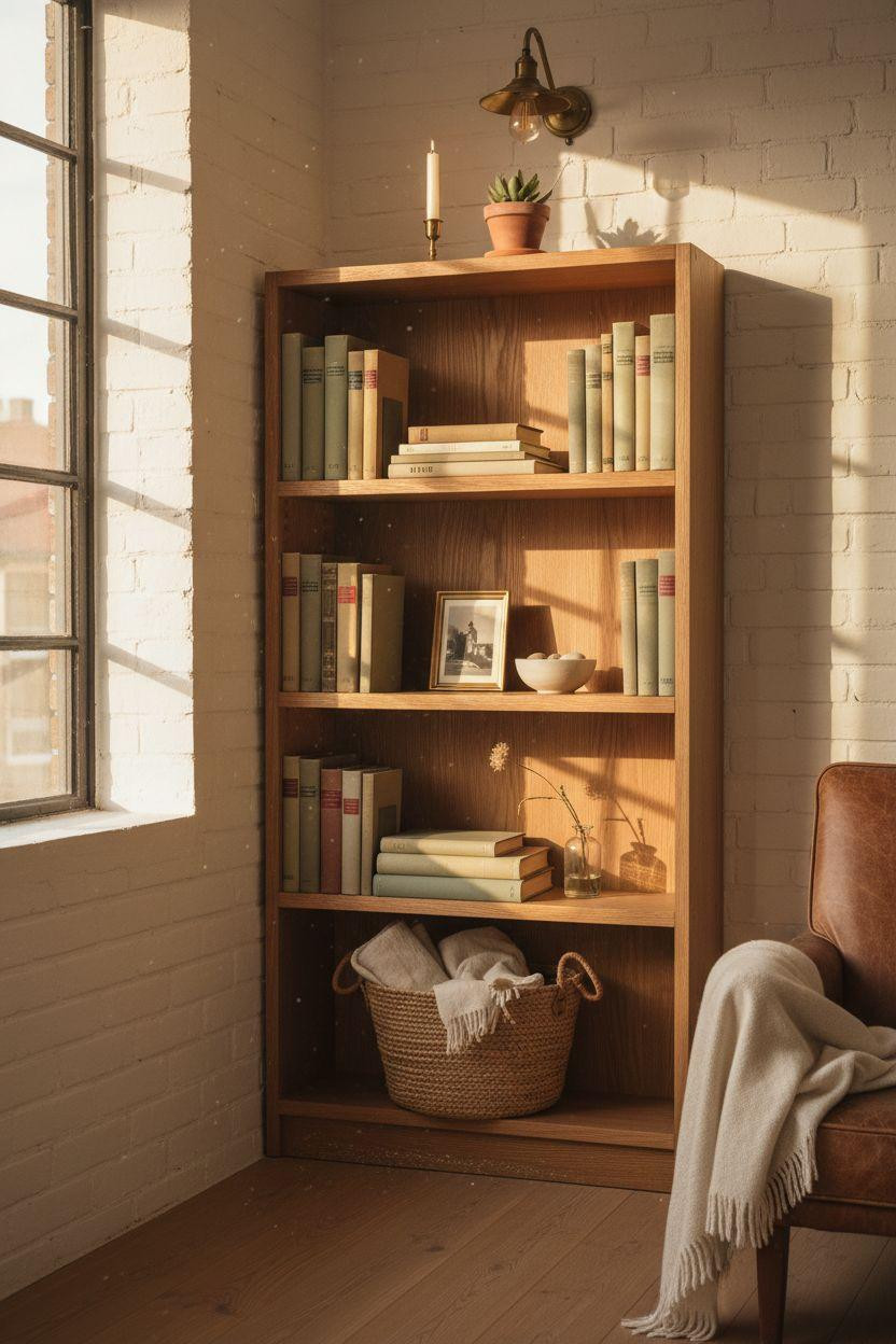 Corner bookshelf - distinctive triangular corner with metallic accents