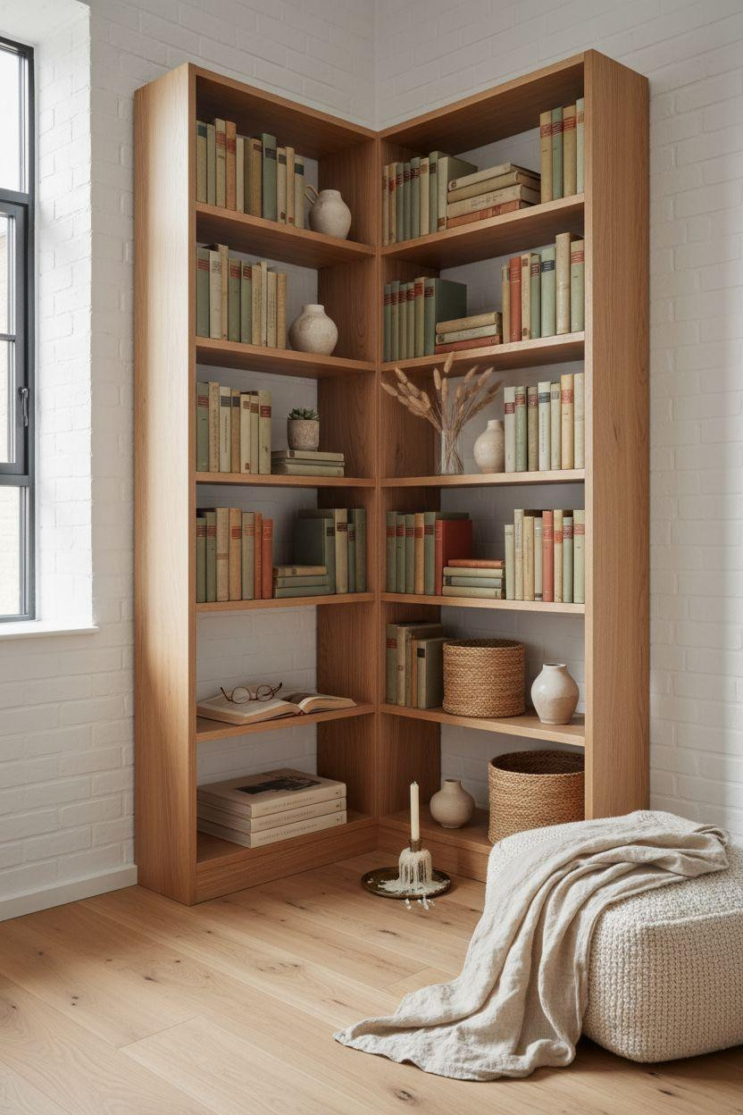Corner bookshelf - bright Nordic-style corner with diffused natural light