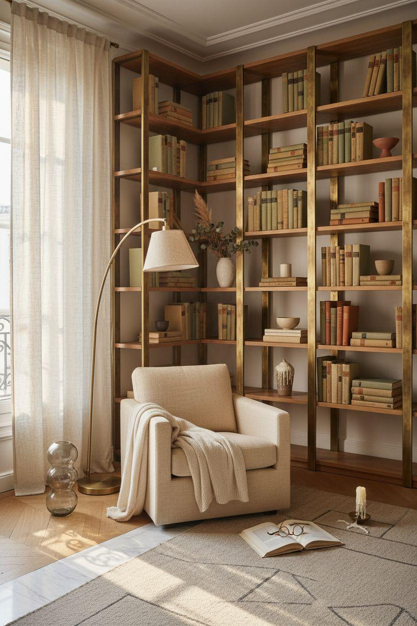 Corner bookshelf - tall elegant unit with brass accents and vintage books