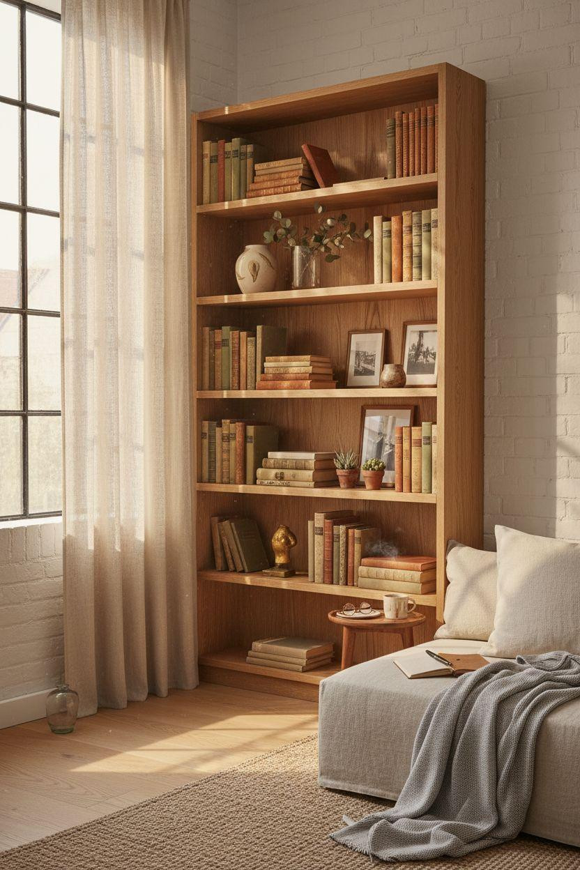 Corner bookshelf - bedroom corner with tall architectural shelving