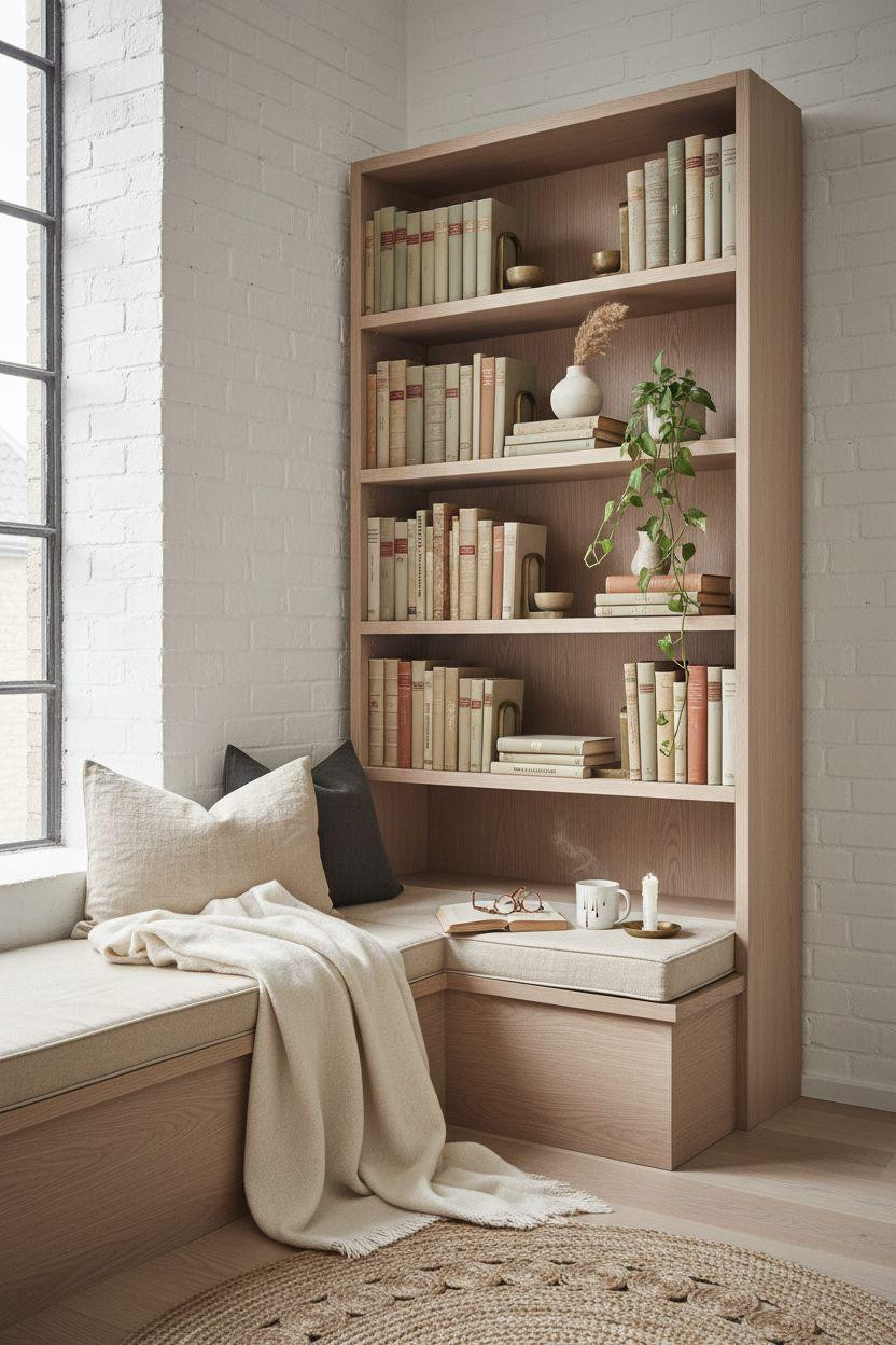 Corner bookshelf - light corner with integrated seating and soft textiles