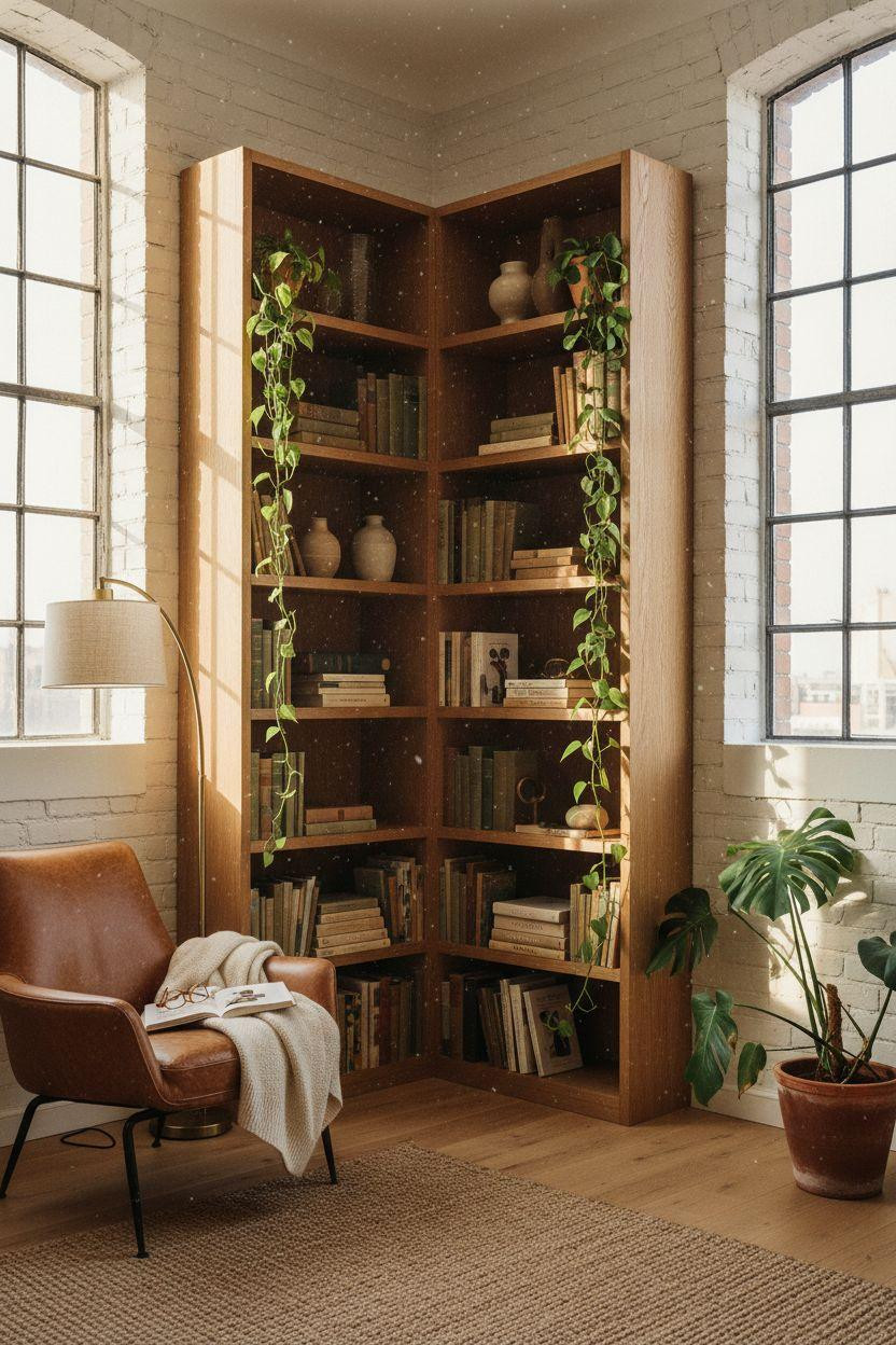Corner bookshelf - dramatic floor-to-ceiling corner with botanical elements