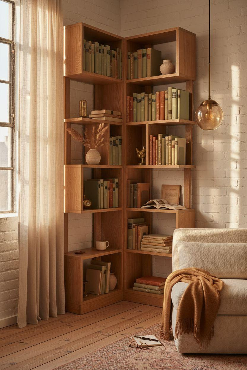 Corner bookshelf - cozy corner with overhead lighting and layered textures