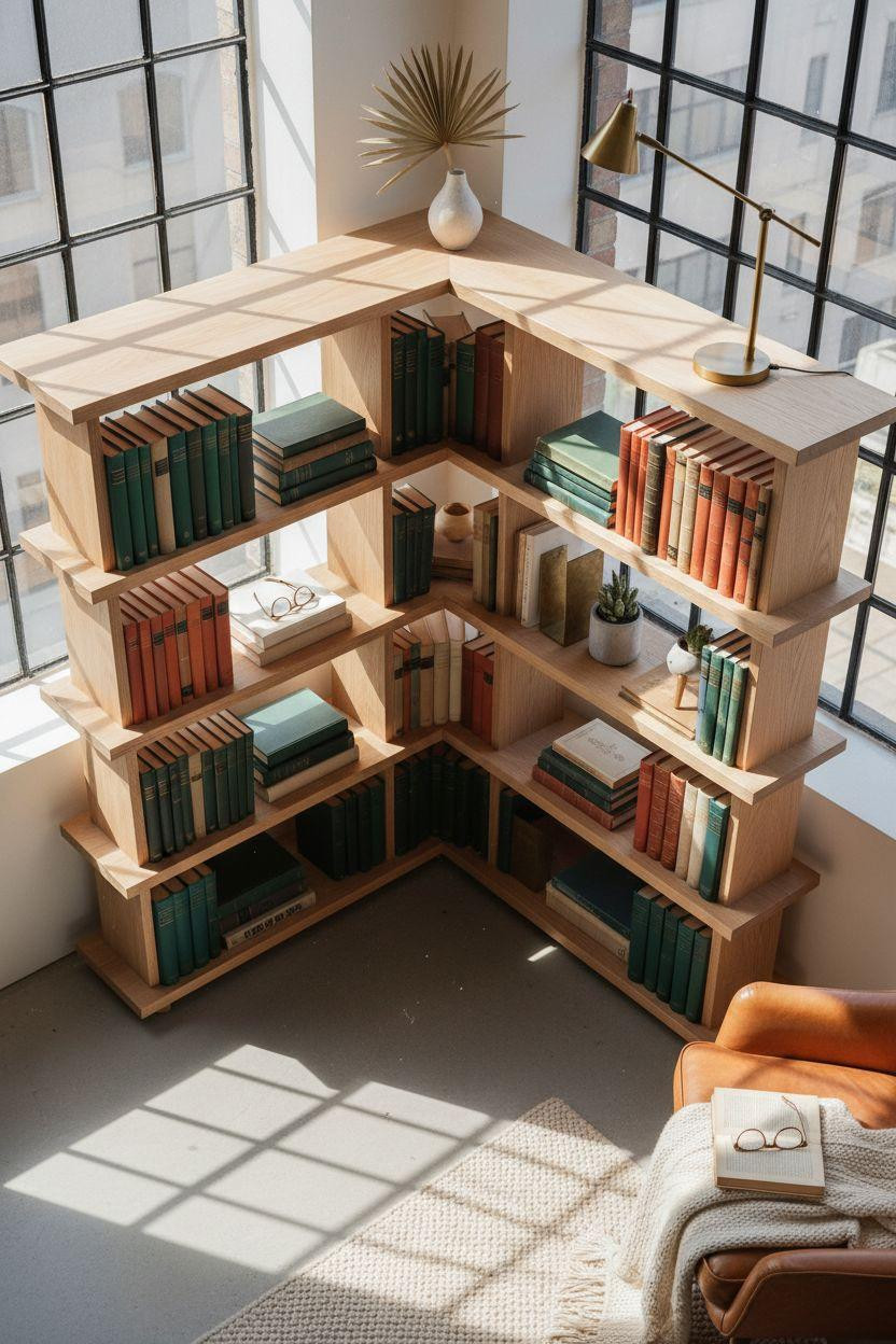 Corner bookshelf - aerial perspective showing layered corner styling