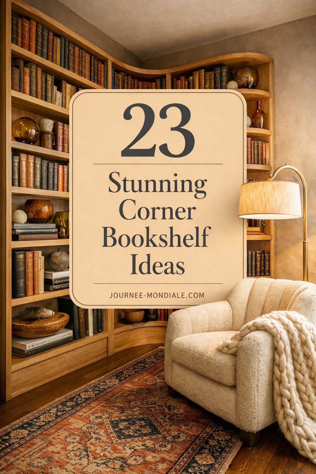 Sophisticated corner library with floor-to-ceiling white oak bookshelf, vintage books, boucle reading chair, Persian rug