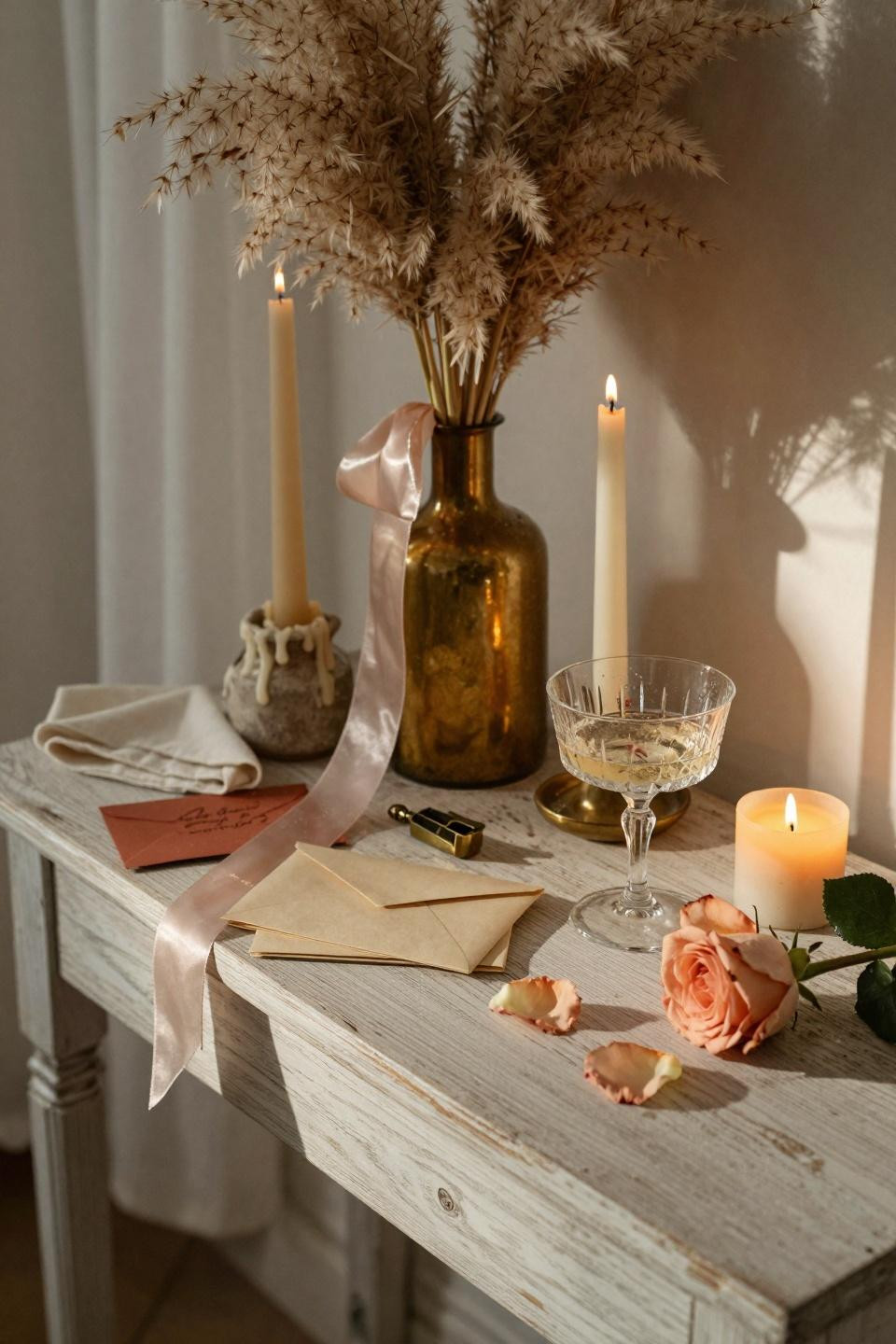 couples shower ideas pampas grass in brass vessel with candles
