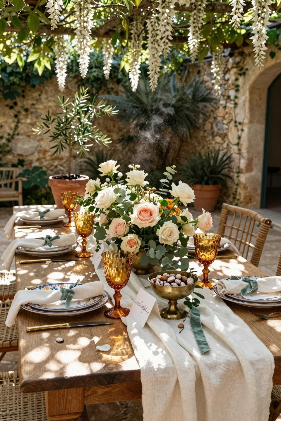 couples shower ideas garden party with outdoor table and wisteria