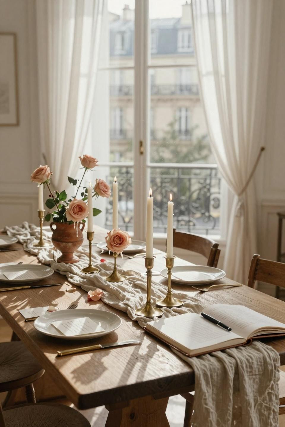 couples shower ideas Parisian table with linen runner and florals
