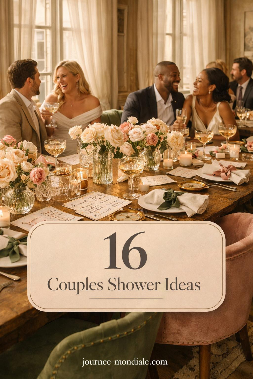 Stylish couples wedding shower setup featuring neutral table decor, floral centerpieces, and coordinated place settings