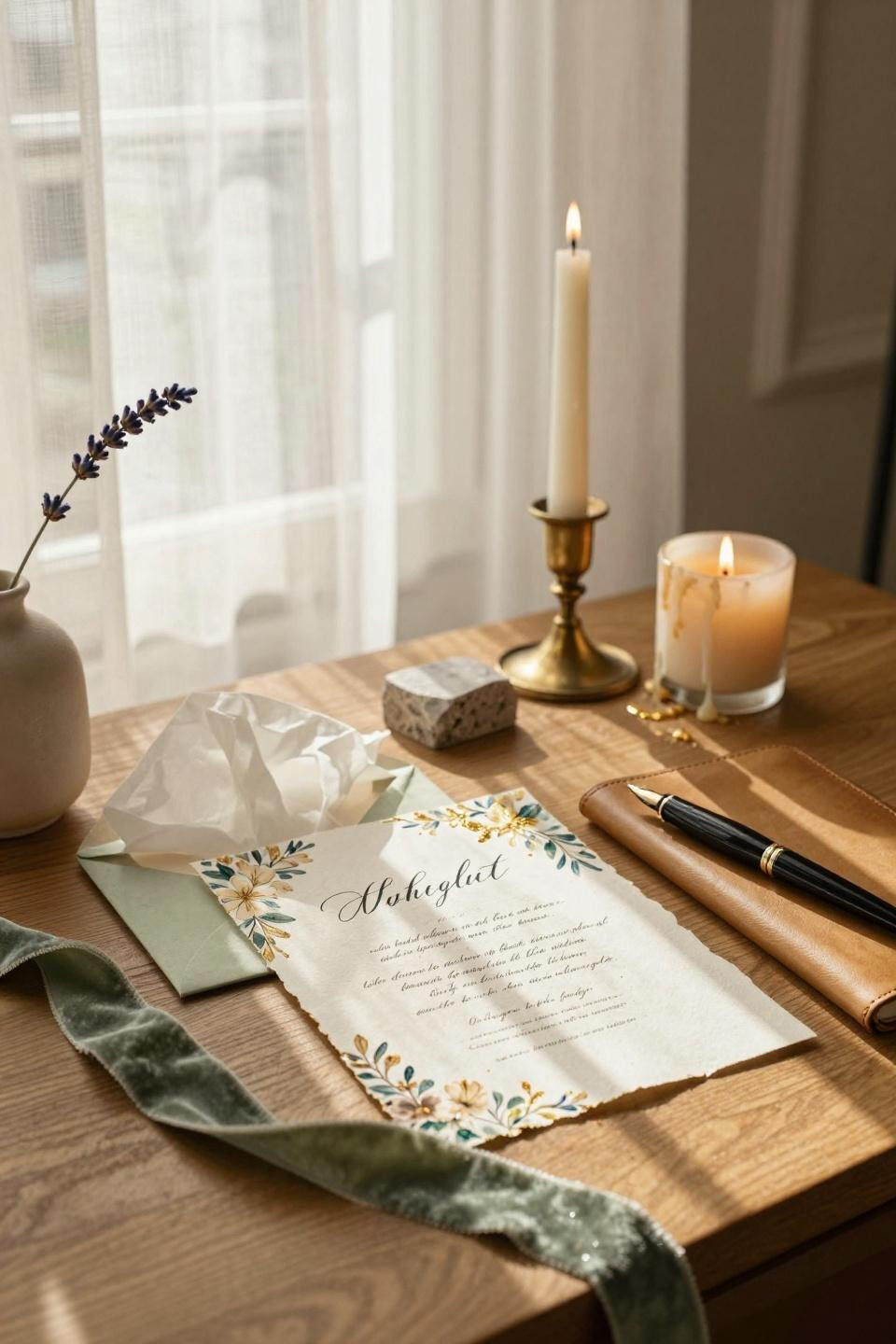 couples shower ideas invitation styling with fountain pen and candle