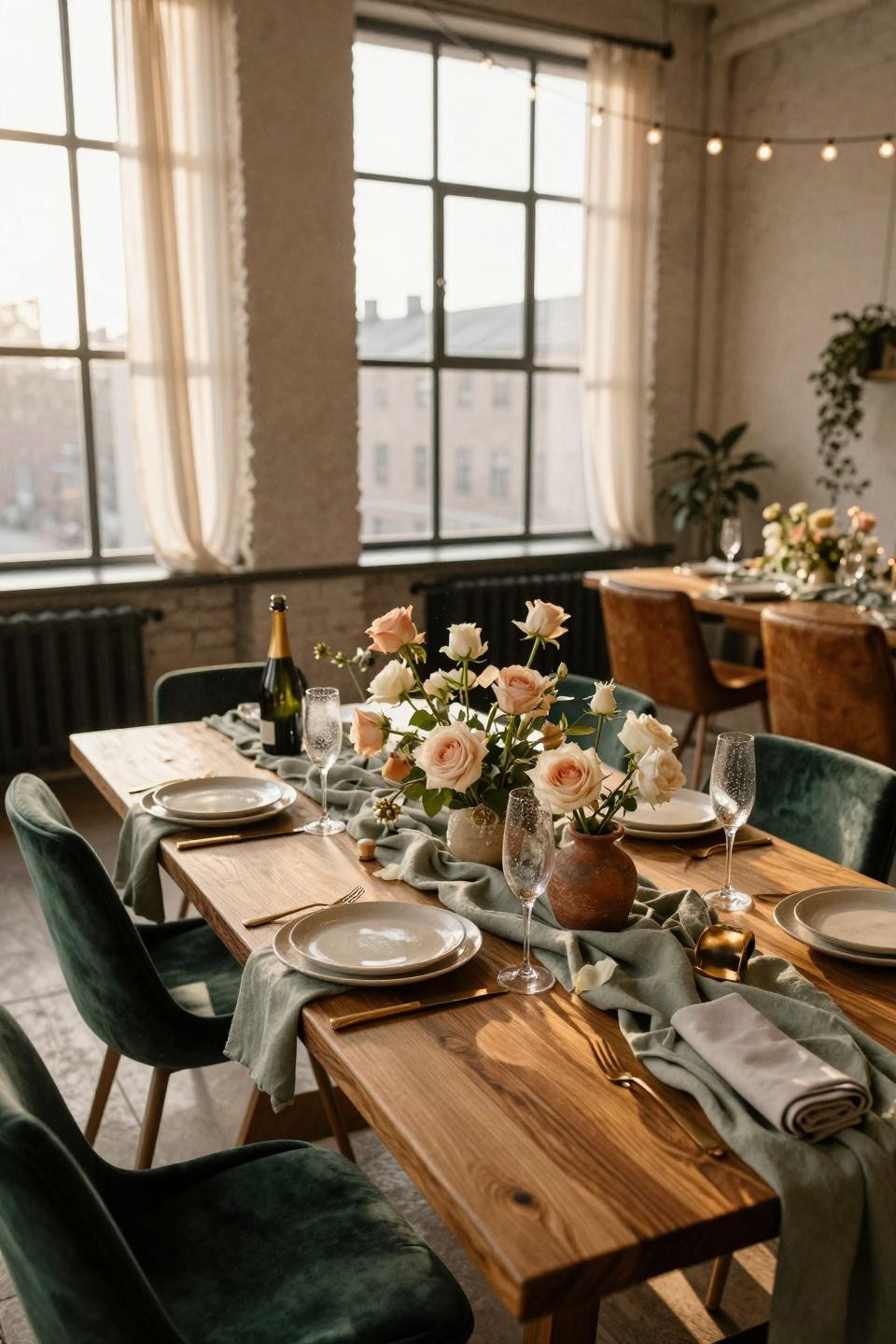 couples shower ideas coed loft with cafe lights and communal table