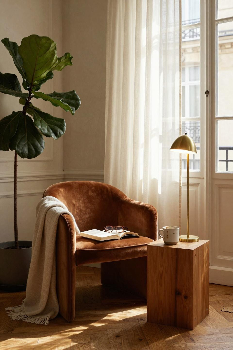 rest corner ideas - velvet chair in classic bedroom corner