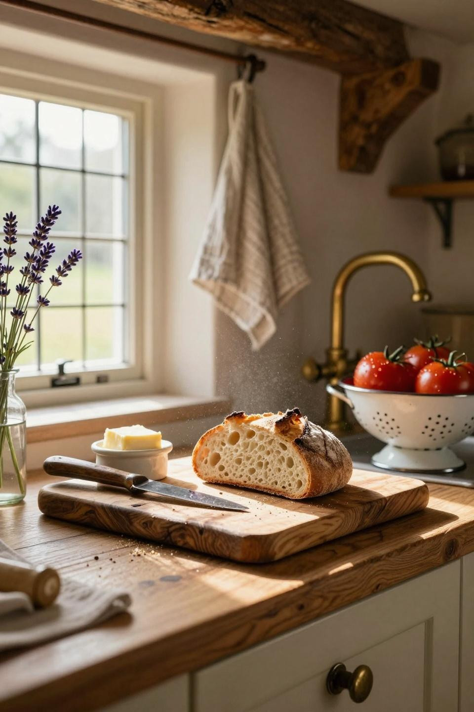modern cottage core kitchen detail with fresh bread and rustic textures
