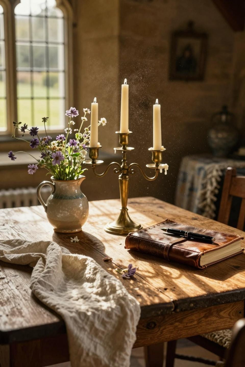modern cottage core vignette with vintage brass and botanical details