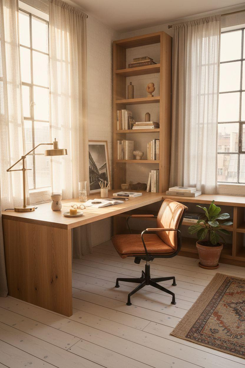 Office Room Ideas - warm oak corner desk in bright loft space