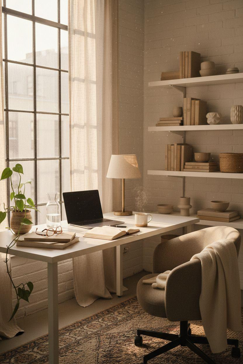 Office Room Ideas - oak desk with bouclé chair and soft textiles
