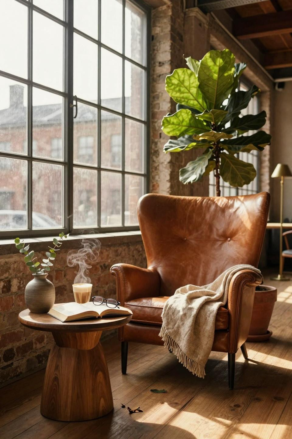 rest corner ideas - leather reading chair with afternoon light