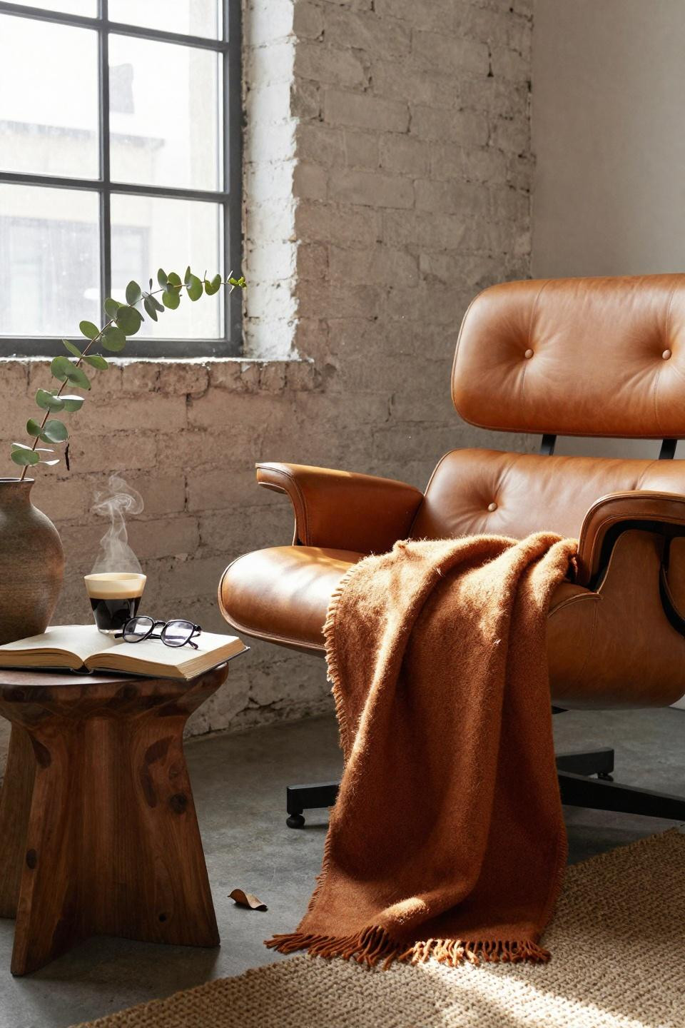rest corner ideas - vintage leather in warehouse setting