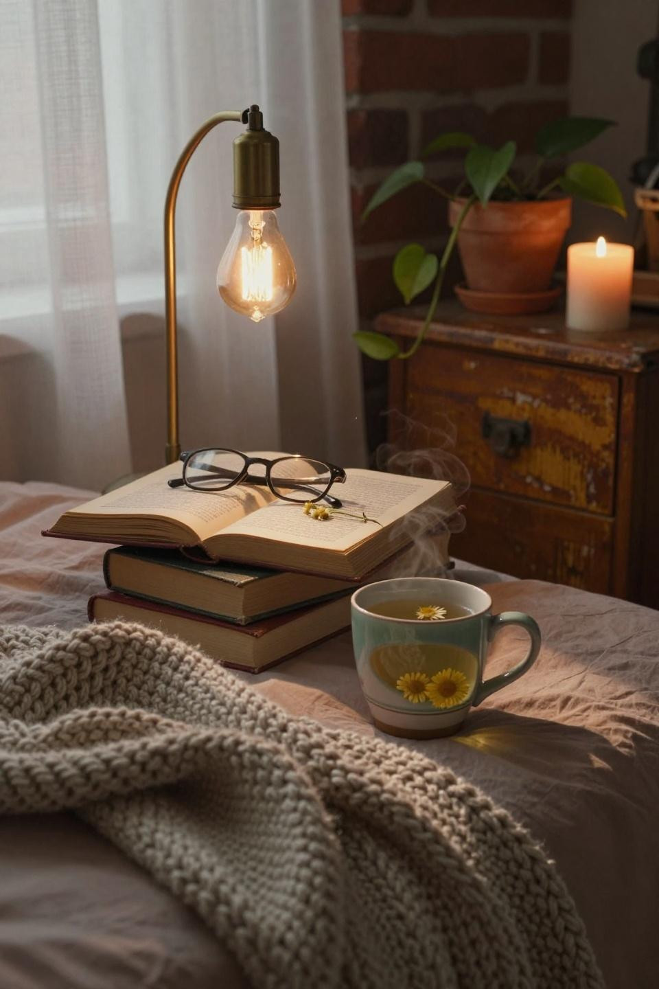 Comfy dorm room - beeswax candle and ceramic mug with steam