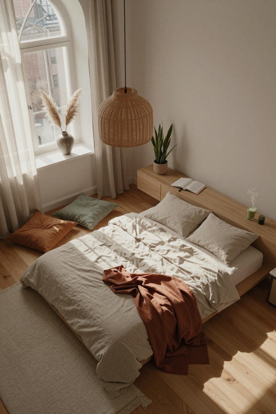 Dorm room inspo minimalist - rattan pendant casting shadows