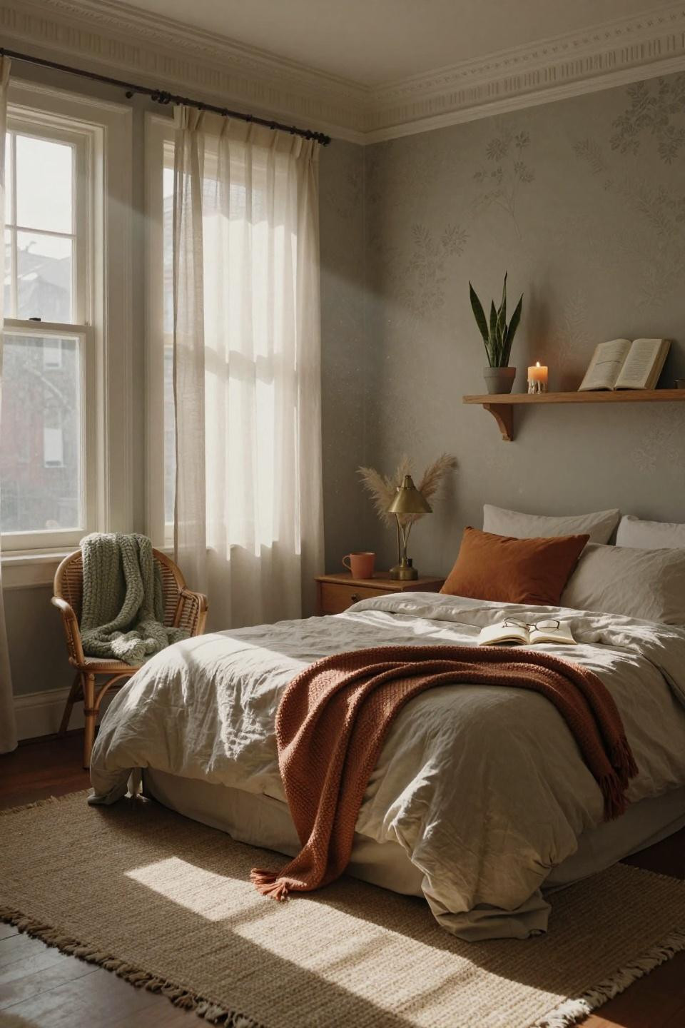 Neutral dorm room ideas - clay walls and floating shelf