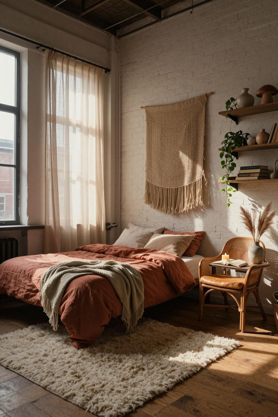 Cozy dorm room aesthetic - rattan chair and pothos vines