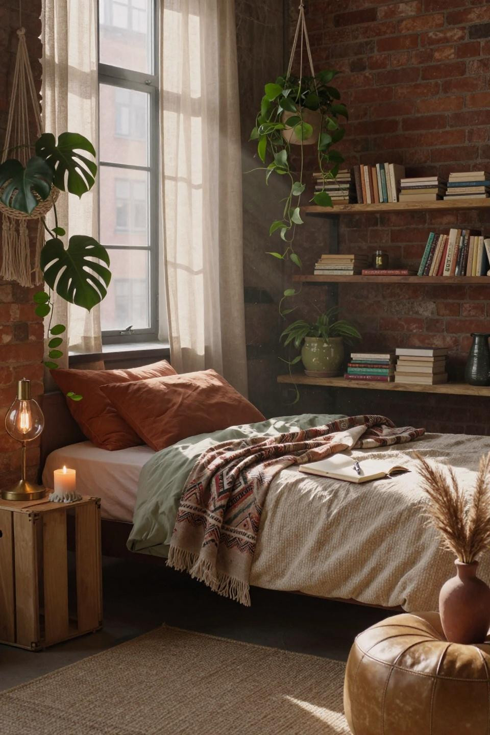 College dorm room ideas cozy - rattan pendant and terracotta bedding
