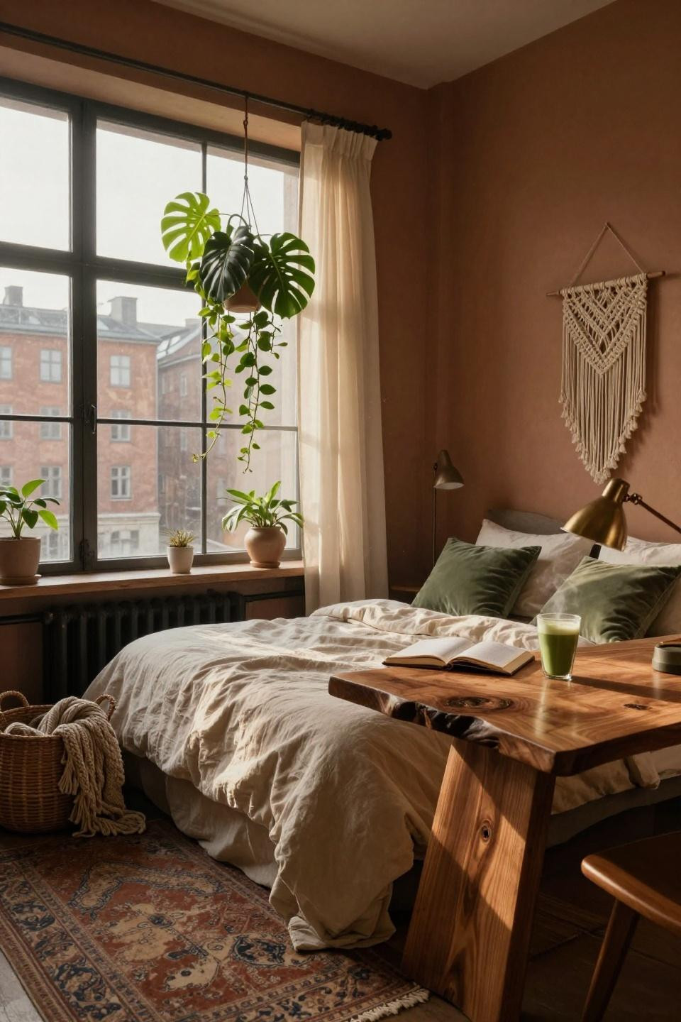 Green dorm room aesthetic - terracotta walls and brass lamp