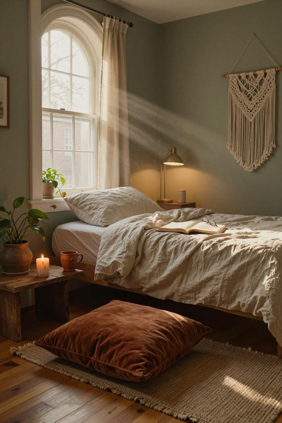 Dorm inspo cozy - velvet floor cushion and woven rug