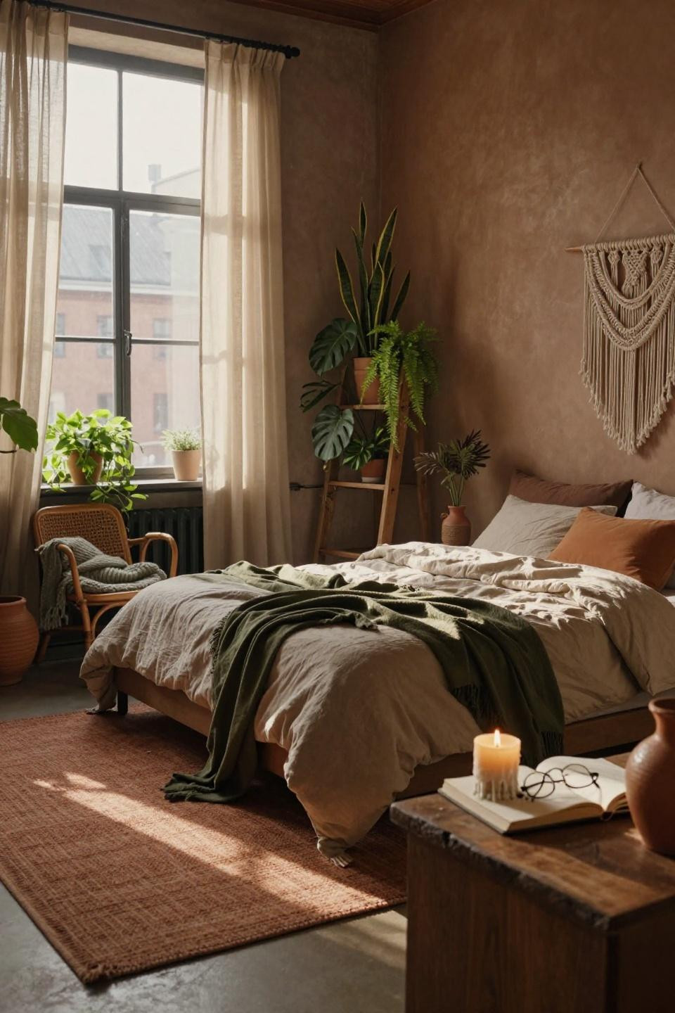 Neutral dorm room ideas - rattan ladder shelf with ferns