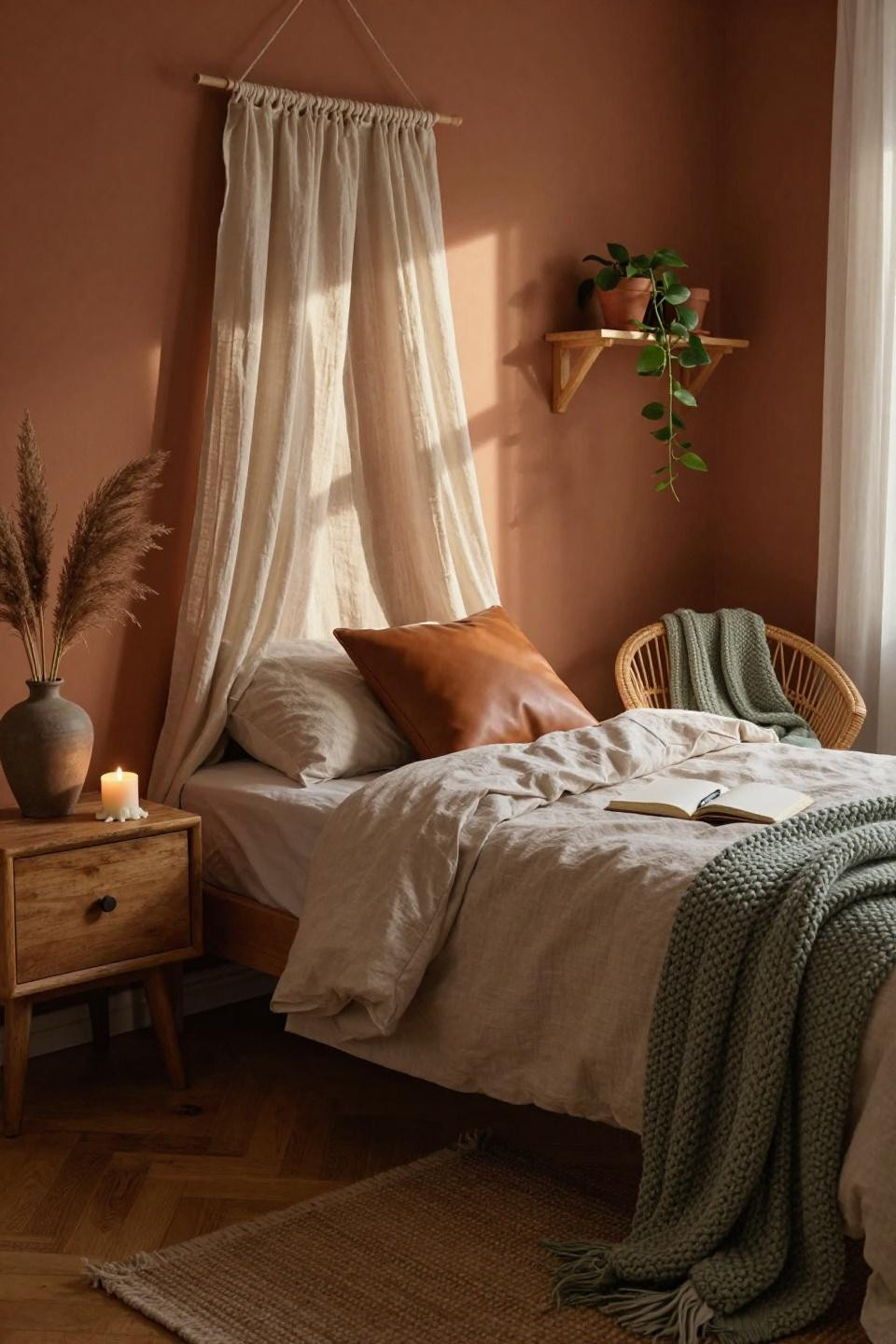 Cozy dorm room aesthetic - side-lighting through linen curtains