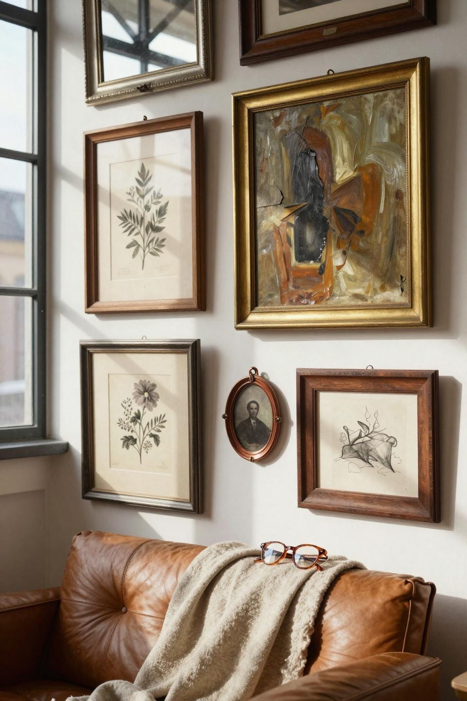 thrifted gallery wall closeup detail with Victorian mirror