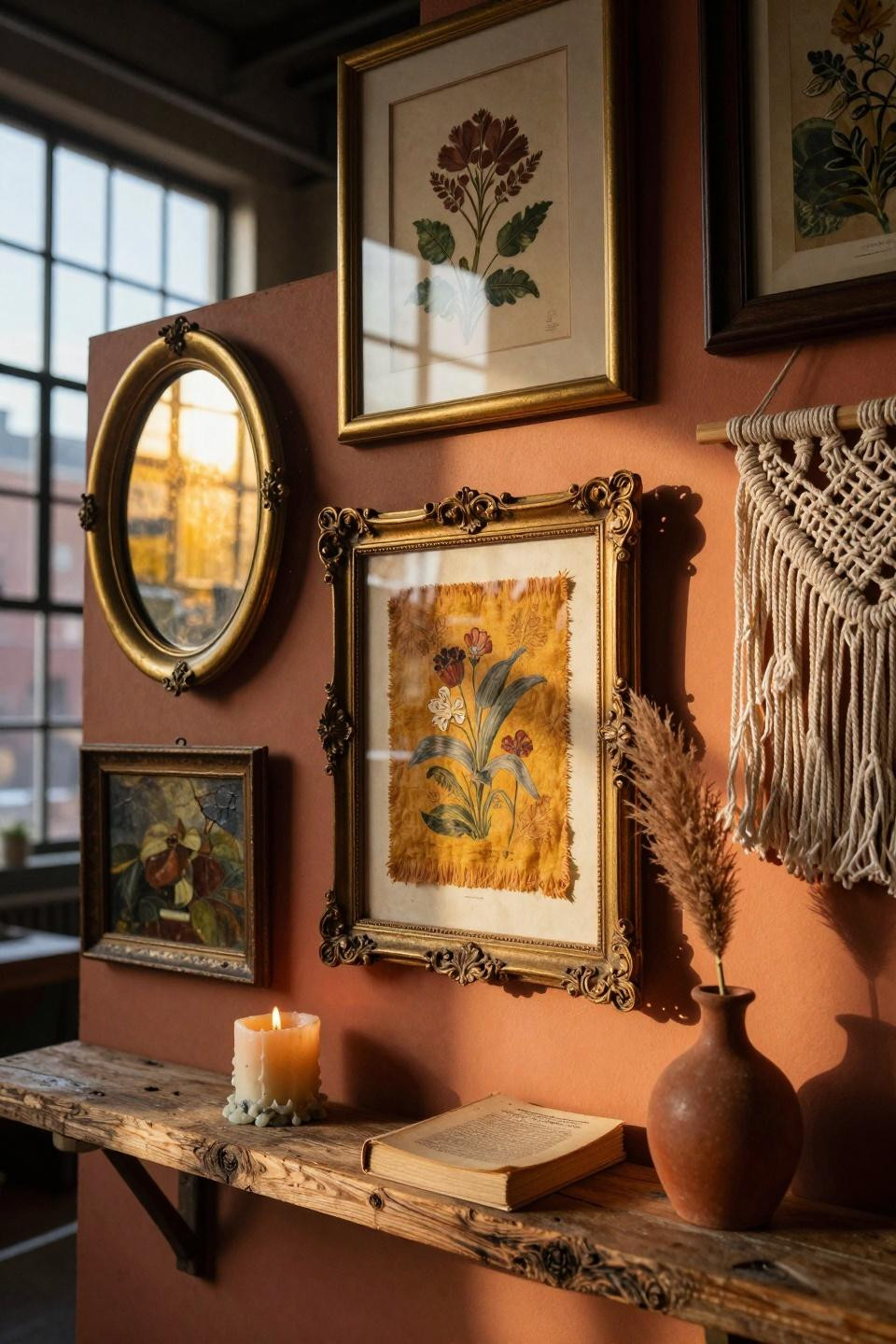 thrifted gallery wall vignette with macrame and textile art