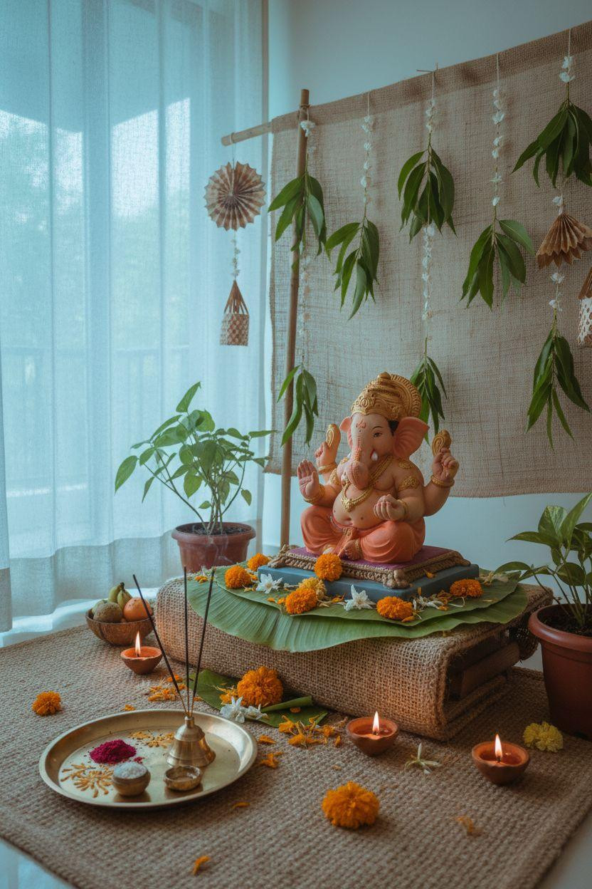 Eco Friendly Ganpati Decoration - natural fiber mat with layered leaves
