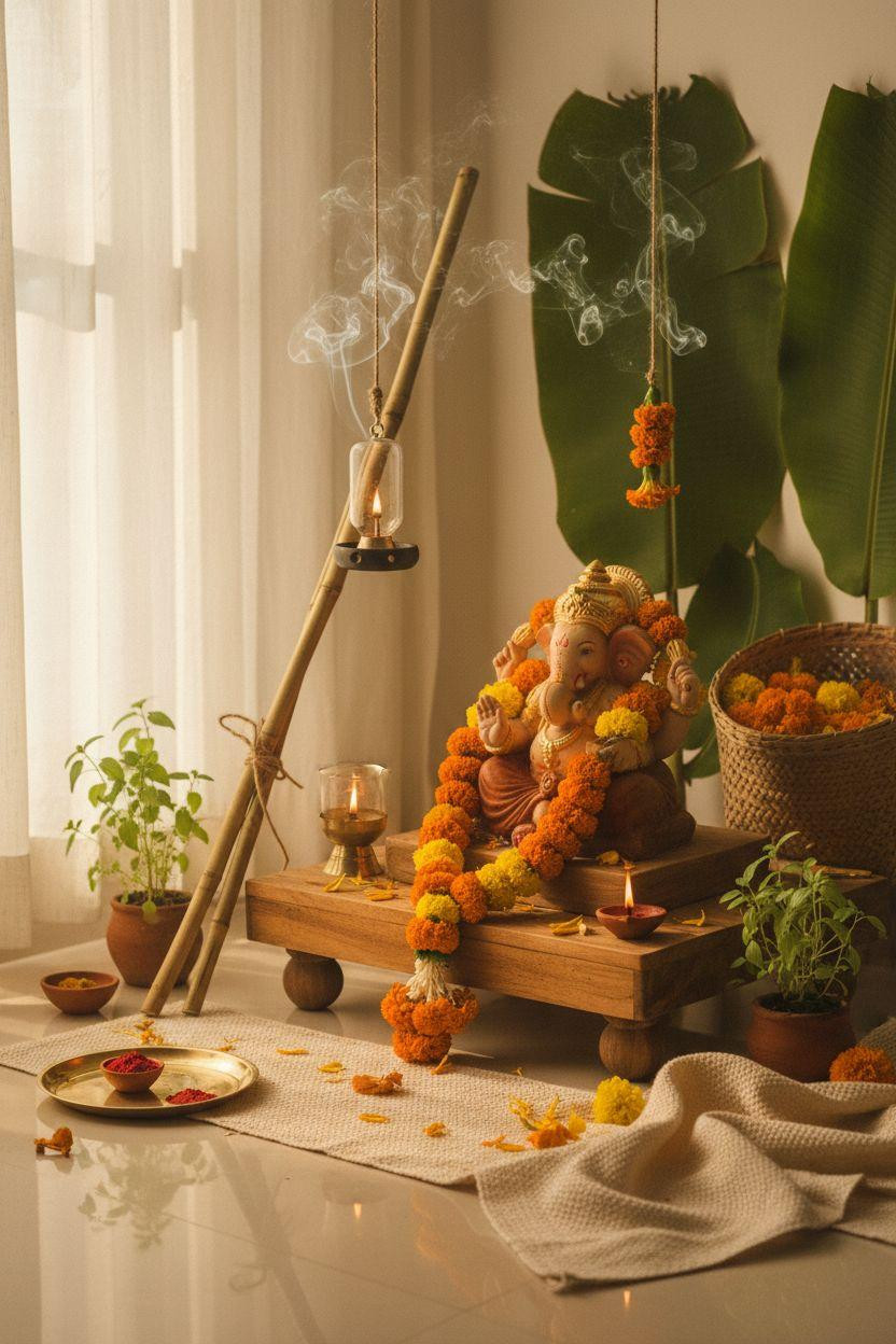 Eco Friendly Ganpati Decoration - close-up of teak altar with flower garlands