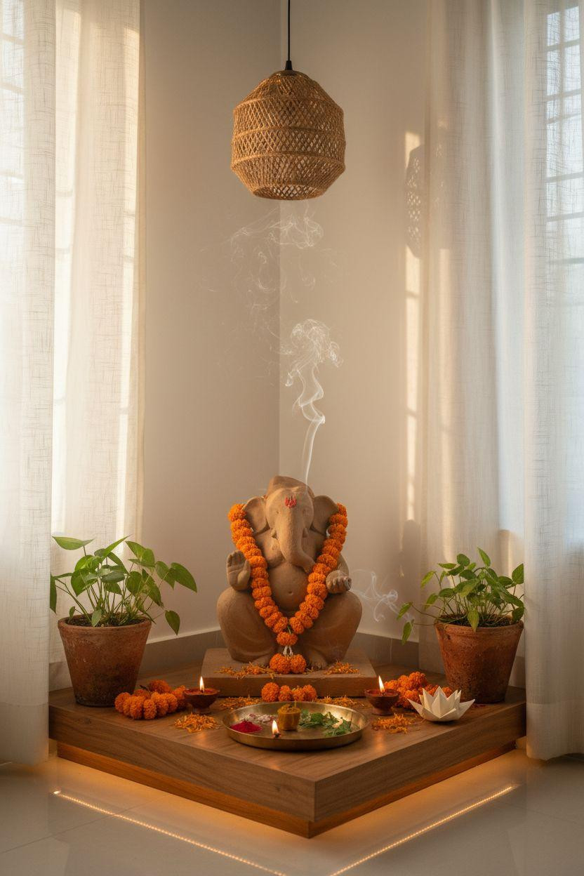 Eco Friendly Ganpati Decoration - minimalist altar with natural light