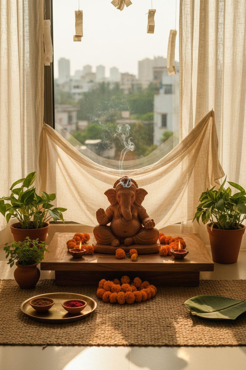Eco Friendly Ganpati Decoration - simple modern altar with neutral fabrics