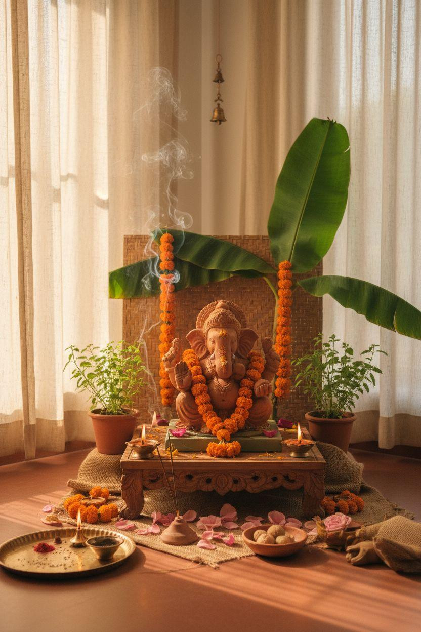 Eco Friendly Ganpati Decoration - detailed wood structure with fabric backdrop