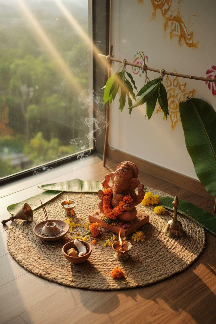 Eco Friendly Ganpati Decoration - bird's eye view of small altar setup