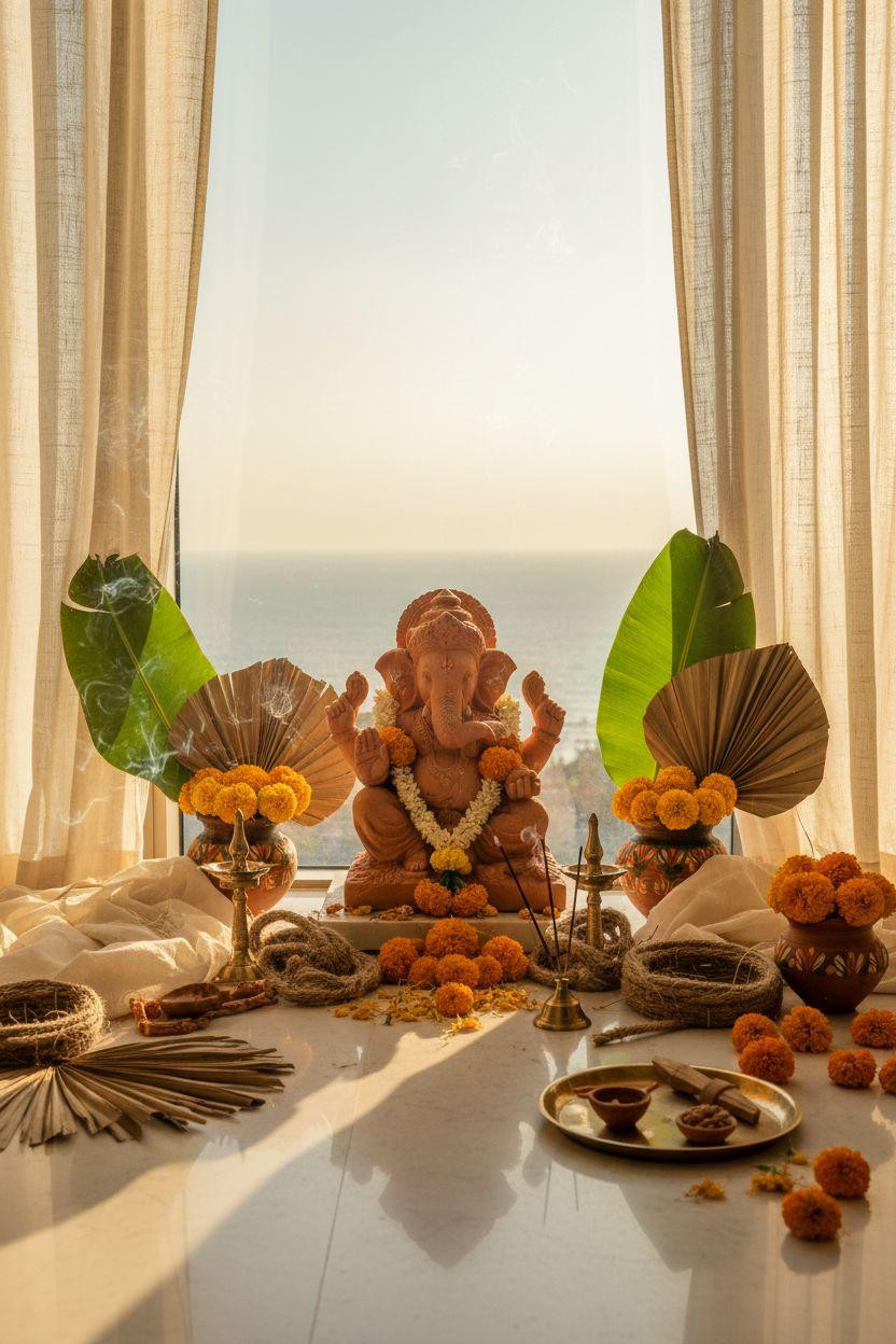 Eco Friendly Ganpati Decoration - elegant marble platform with metallic elements