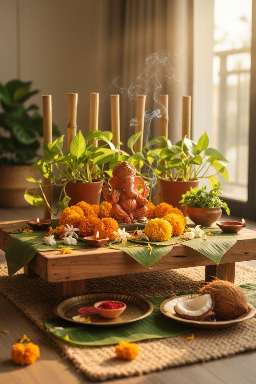 Eco Friendly Ganpati Decoration - rustic wooden setup with potted plants