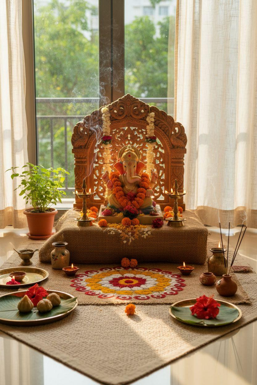 Eco Friendly Ganpati Decoration - structured mandap with natural textile draping