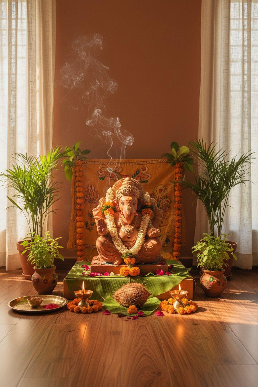 Eco Friendly Ganpati Decoration - natural clay idol with fresh flower decorations