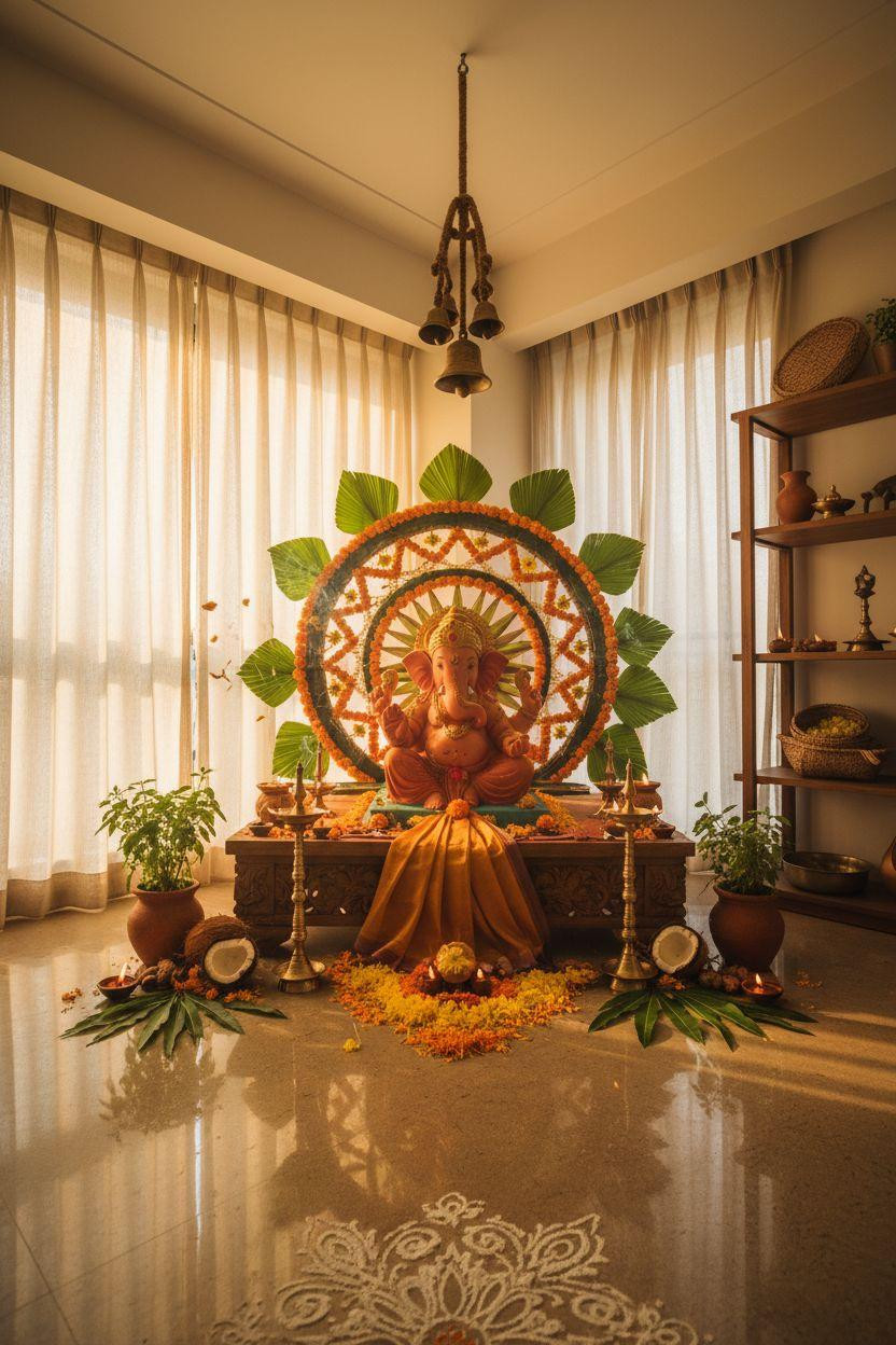 Eco Friendly Ganpati Decoration - grand corner display with flower mandala