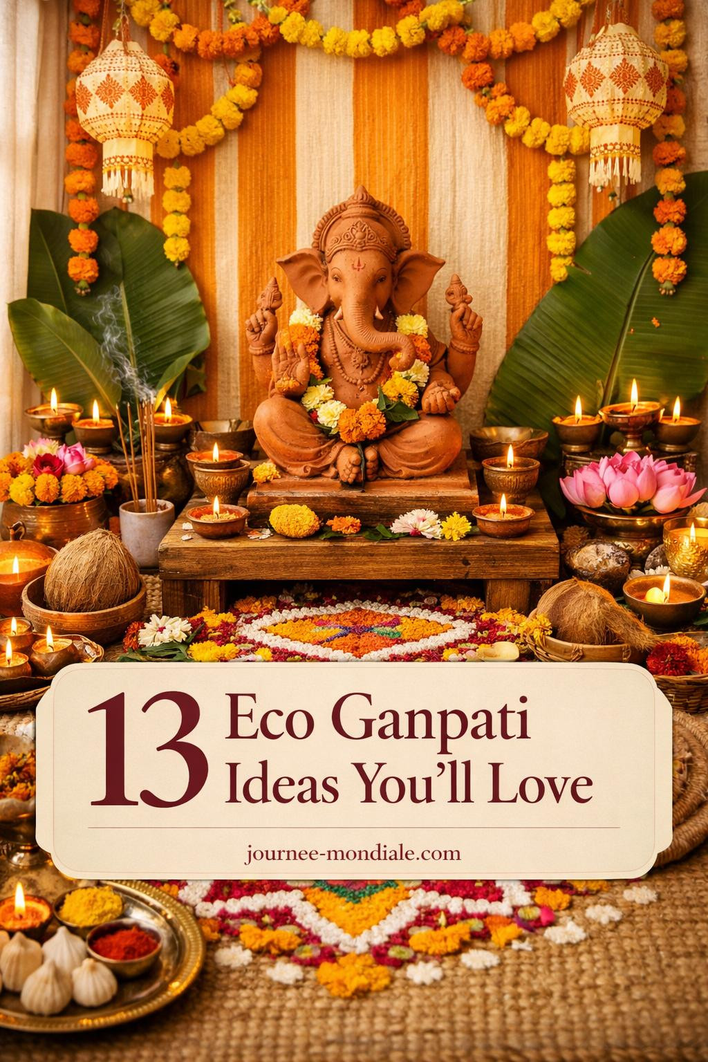 Sacred Ganesh altar with natural clay idol on reclaimed teak platform adorned with marigold garlands terracotta diyas