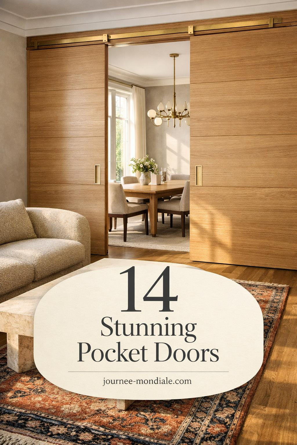 Sophisticated living space with white oak pocket door featuring brushed brass hardware, boucle sofa, travertine table, vintage Persian runner, connecting to dining area with natural light