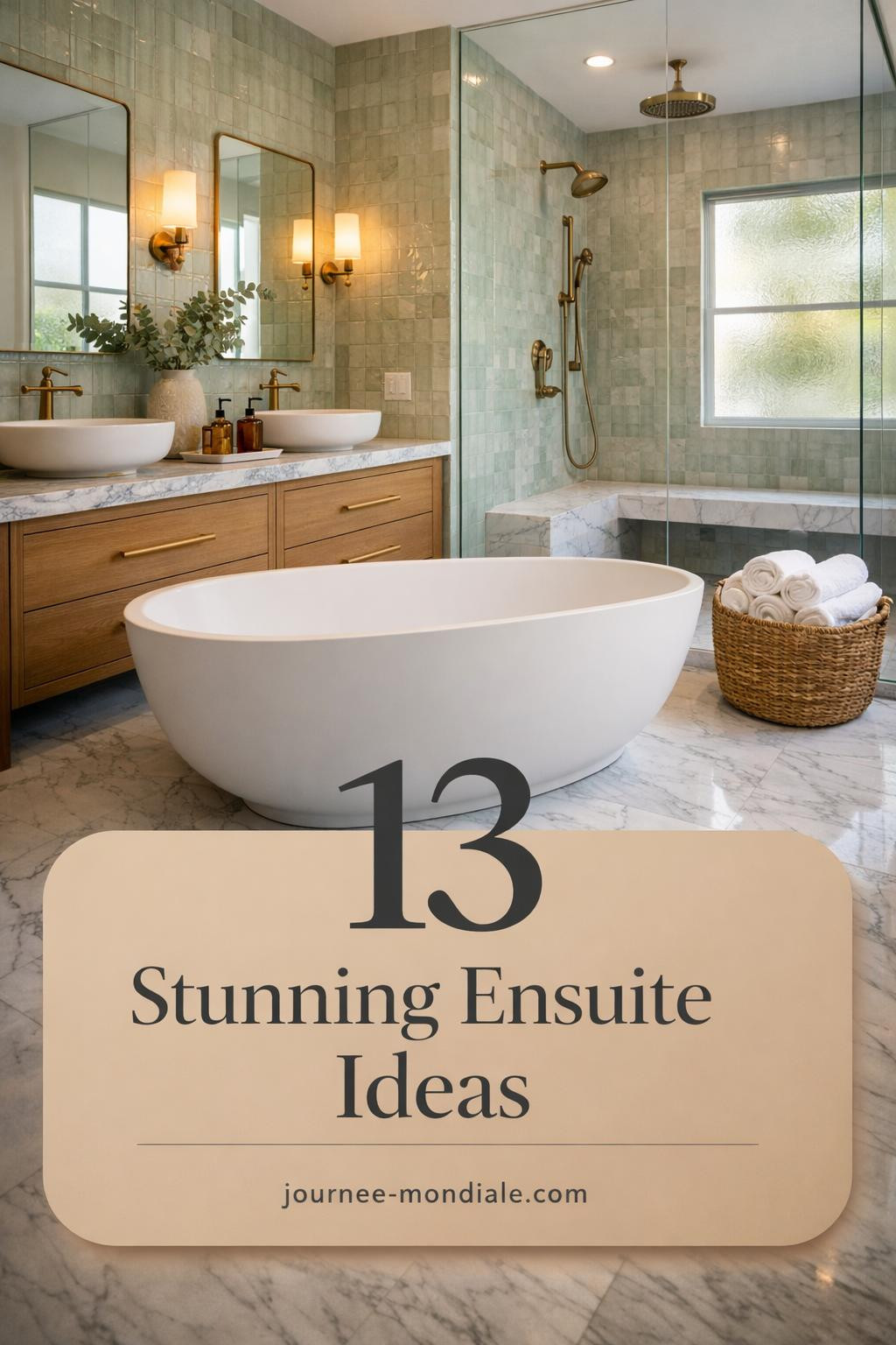 Spa-like ensuite bathroom featuring freestanding white tub, sage green zellige tile wall, white oak double vanity with brushed brass fixtures, and Carrara marble flooring