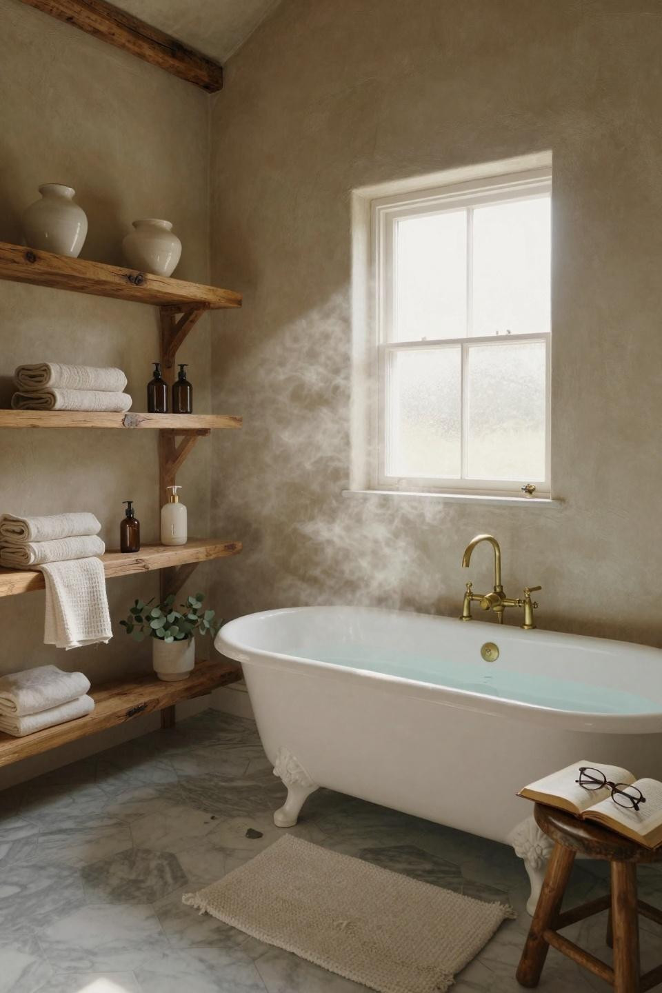 Farmhouse Bathroom with open shelving and clawfoot tub