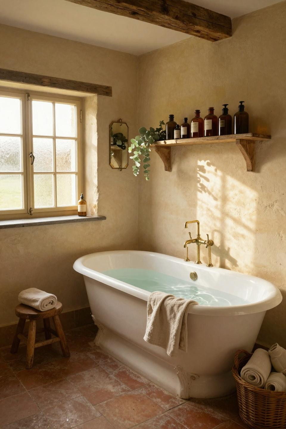 Farmhouse Bathroom in small stone cottage with terracotta tiles