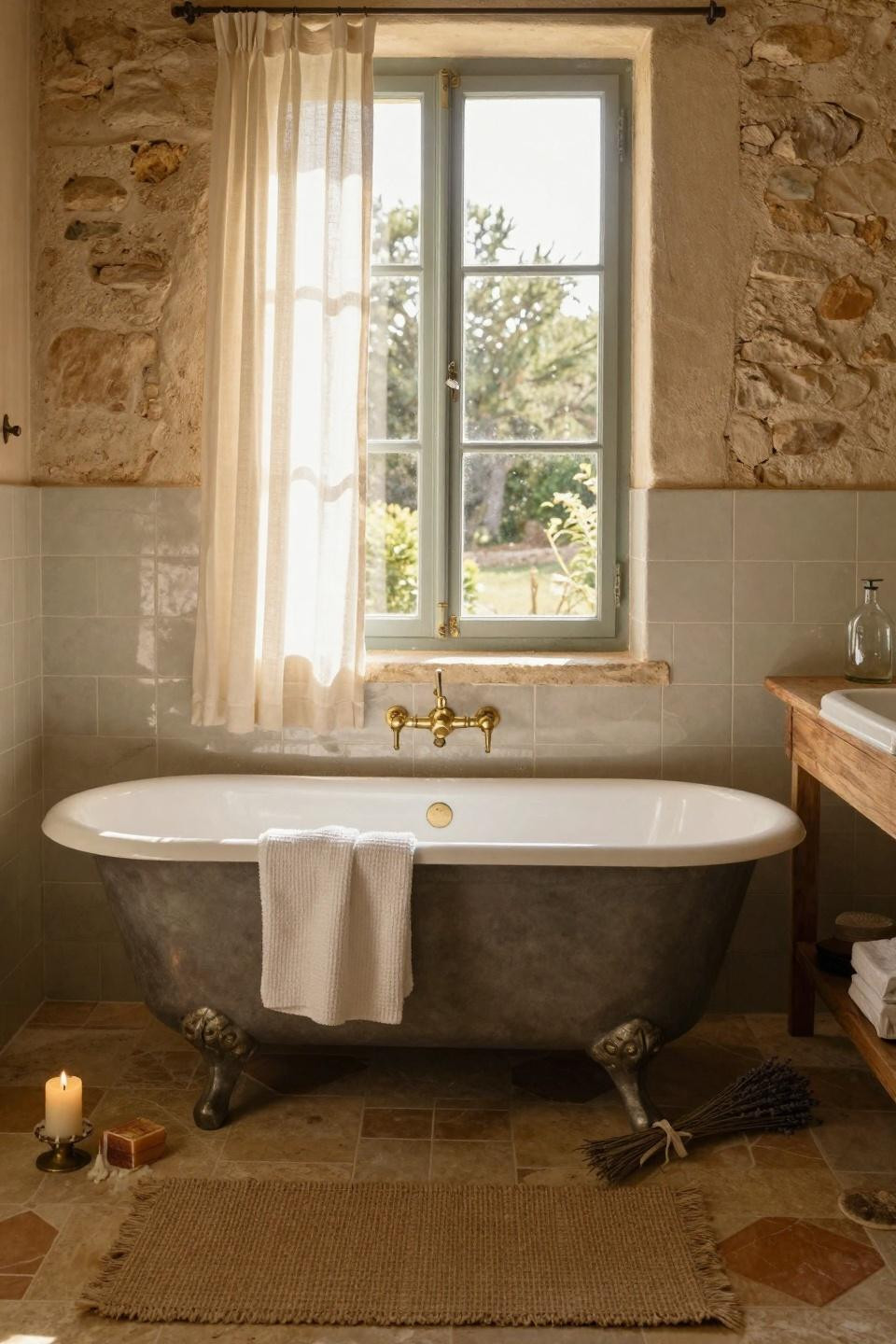 Farmhouse Bathroom with clawfoot tub and handmade zellige tiles